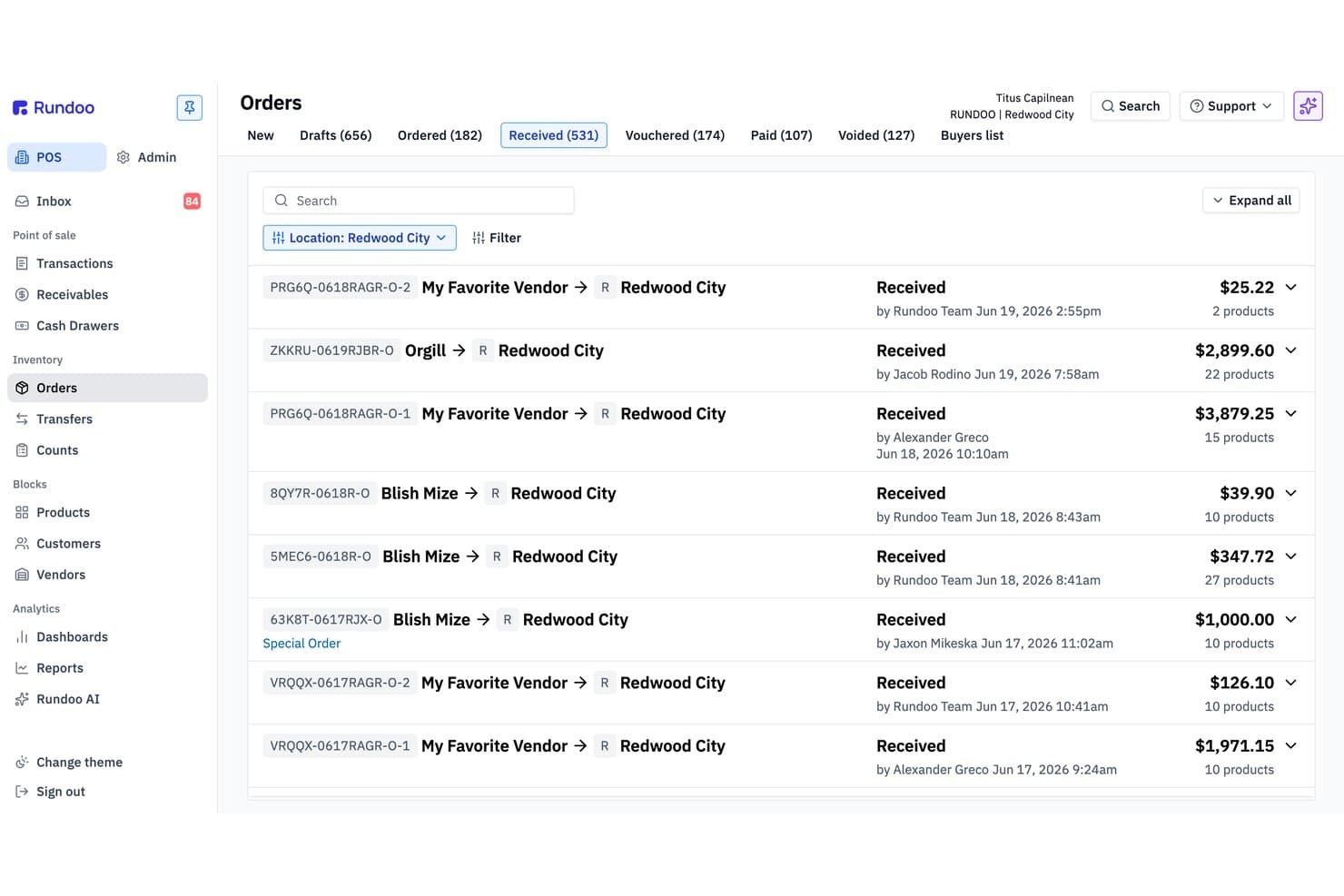 Rundoo Orders screen showing received orders list with vendors, dates, and totals.